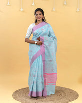 SC4000 - Tissue Linen Saree With Pink Embroidery All Over